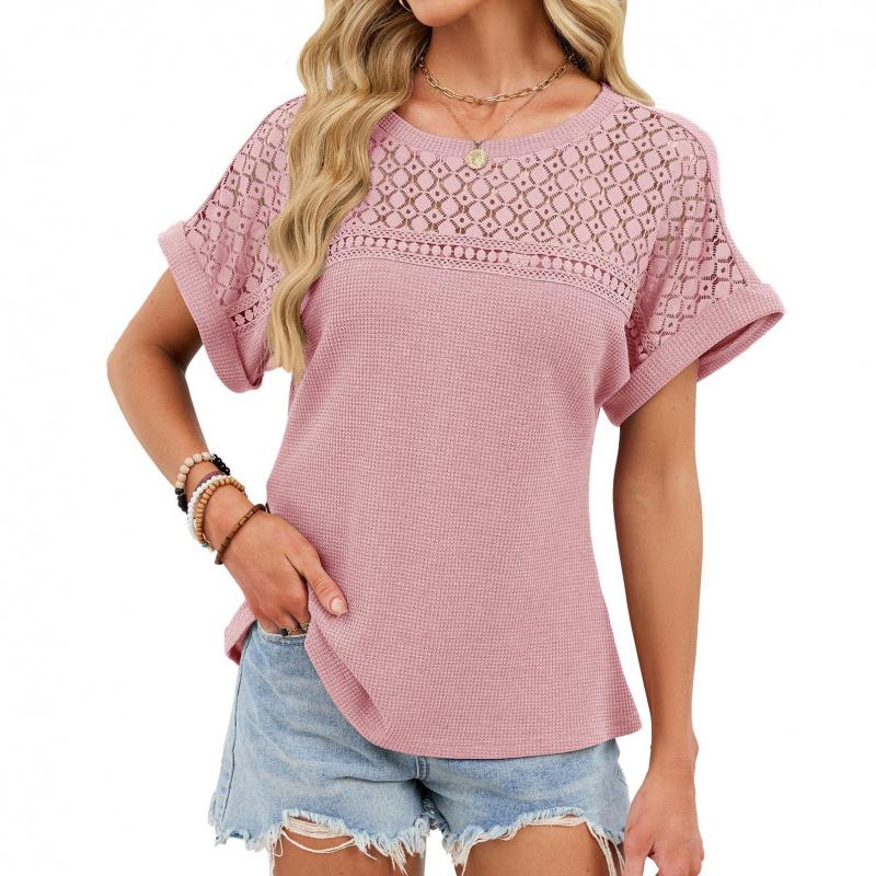 2026 Spring/Summer New Round Neck Lace Trim Loose Short Sleeve T-Shirt for Women