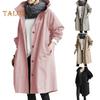 Women Windbreaker Hooded Button-down Loose Pure Color Coat Long Sleeves Knee Length with Pockets Tight Waist Windproof Lady Jacket