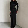 European and American style autumn and winter new women's clothing fashion solid color pleated round neck slim long sleeve temperament dress women