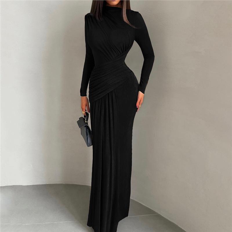 European and American style autumn and winter new women's clothing fashion solid color pleated round neck slim long sleeve temperament dress women