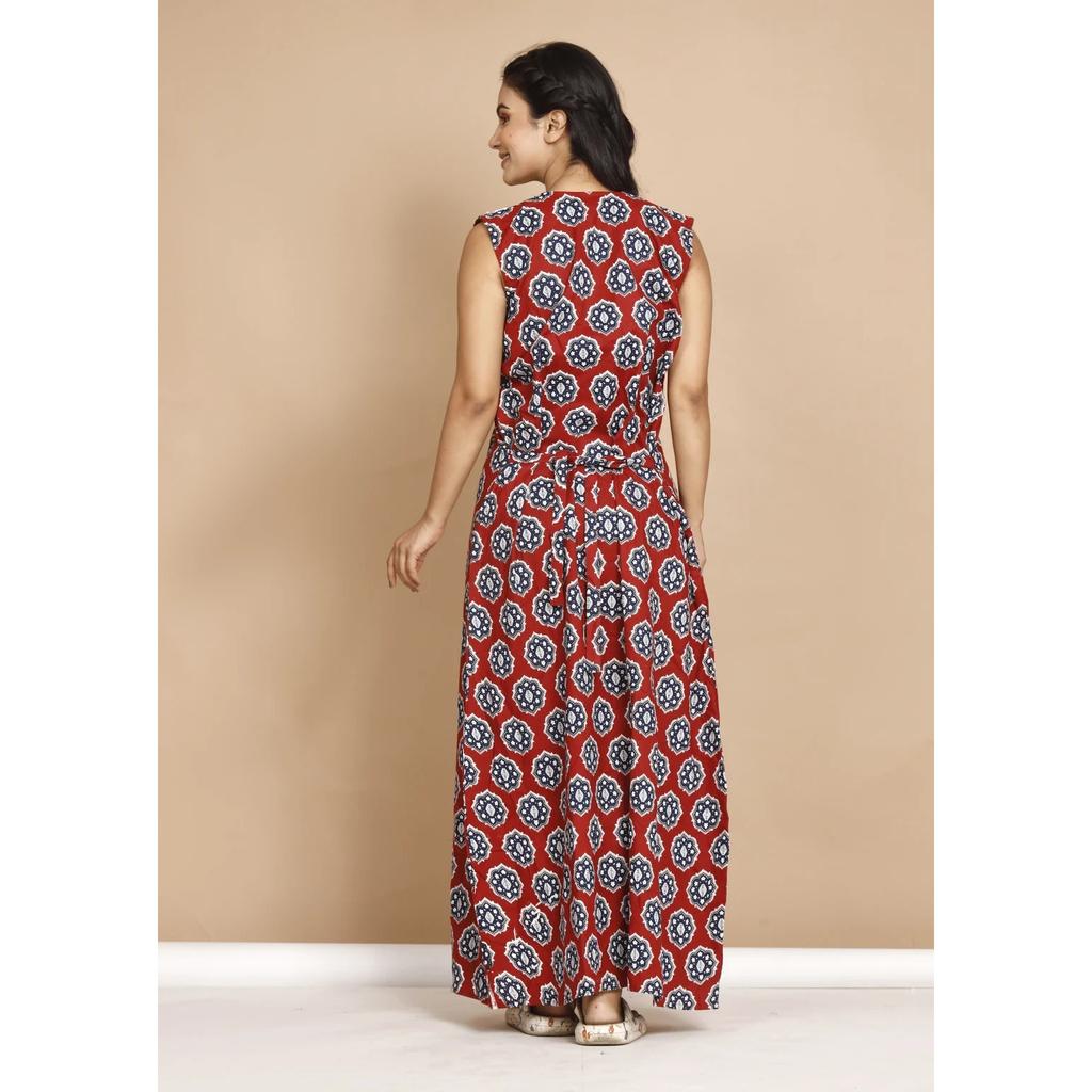 Red Cotton Printed Night Gown Women's Sleepwear Casual Wear Sleeveless Nighty