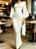 Women White Leaf Print Wrap Maxi Dress Kimono Sleeve V Neck Ruched Waist Bodycon Elegant Dress