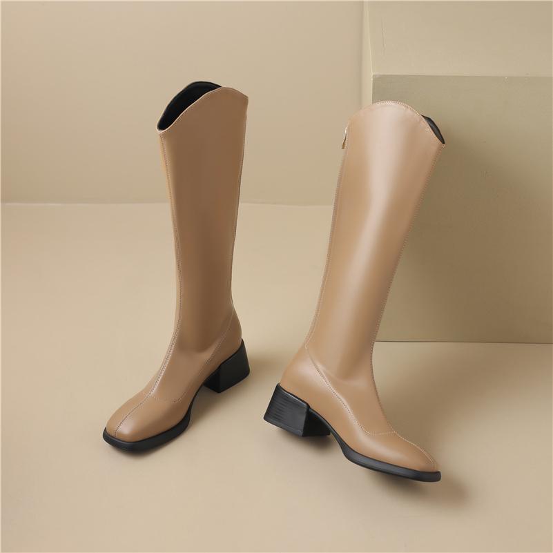 FOREADA Women Knee High Boots Square Toe Thick Mid Heels Long Boot Zipper Western Gogo Boots Lady Fashion Shoes Autumn Winter 43