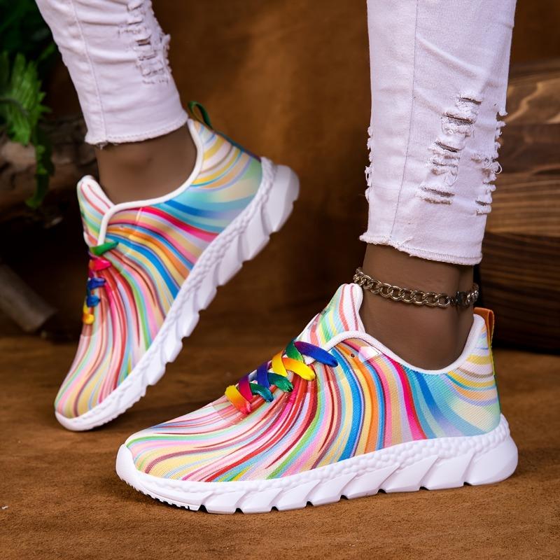 Women's Casual Sneakers - Low-Top Breathable Fabric Lace-Up Shoes with Rainbow Stripe Accents