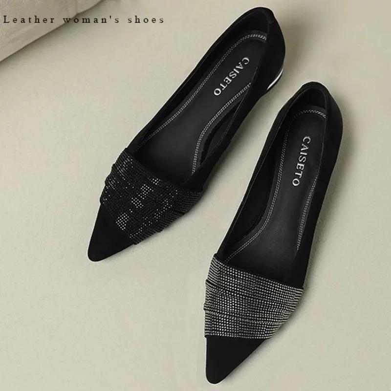 Französisch 2025 Frühling und Herbst Flacher Mund Komfort Strass Temperament Spitzschuh Weiche Sohle Damen Schuhe
