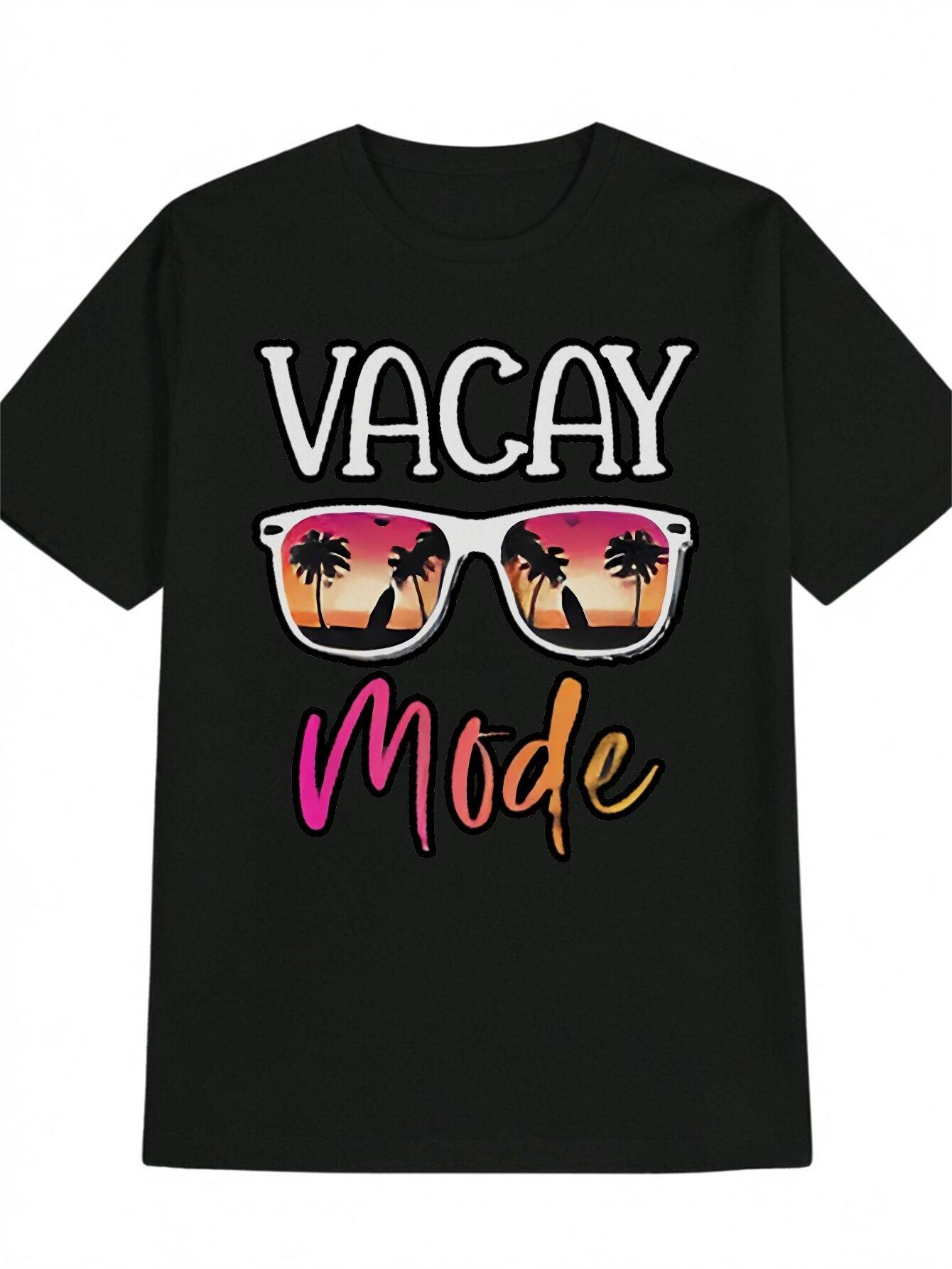 Vacay Mode Graphic T-shirt - Black Casual Crew Neck Tee with Palm Tree & Glasses Design XXXL