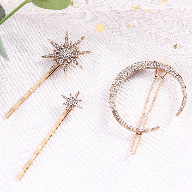 Retro Geometric Diamond Hairpin Set: Moon, Sun, Star Hairpins & Full Diamond Side Clip
