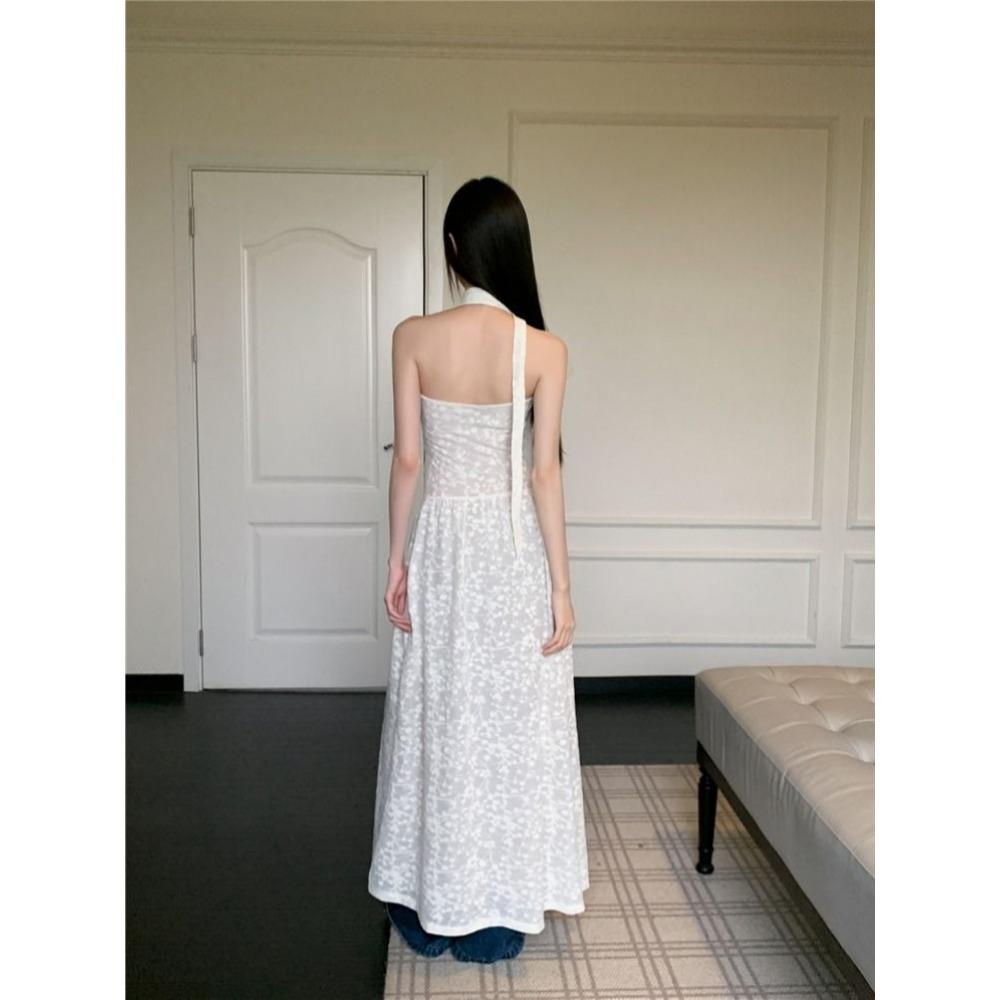 Girl High-end Feeling Waist-cinching Slimming Sleeveless Dress for Women's Summer Personality Halter Floral Layered Long Skirt