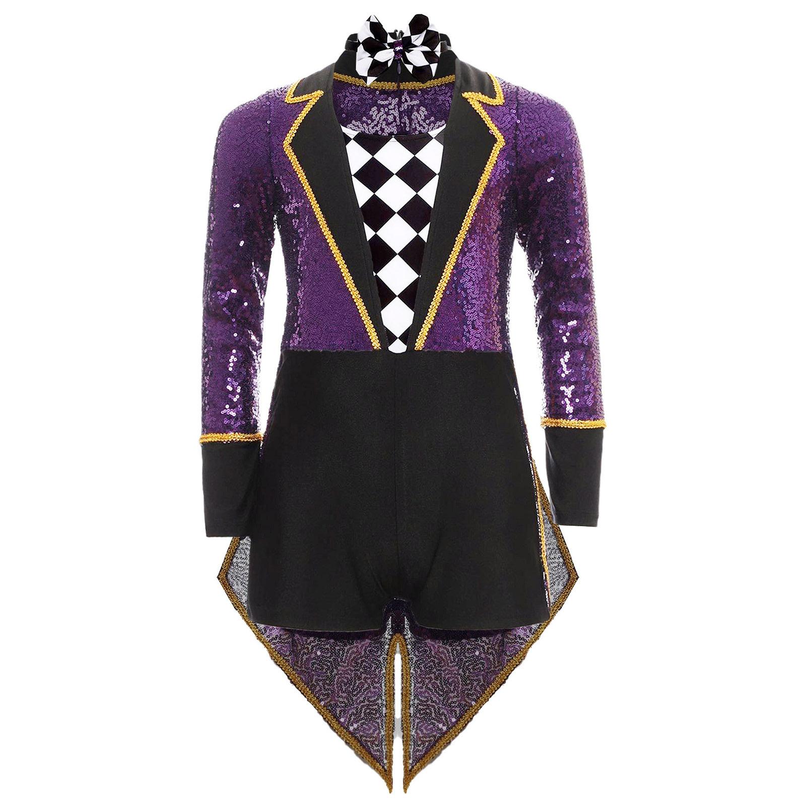 Unisex Kinder Zirkusmagier Kostüm Langarm Pailletten Schachbrett Frack Bodysuit Fliege Cosplay Outfit 13-14 Years violett