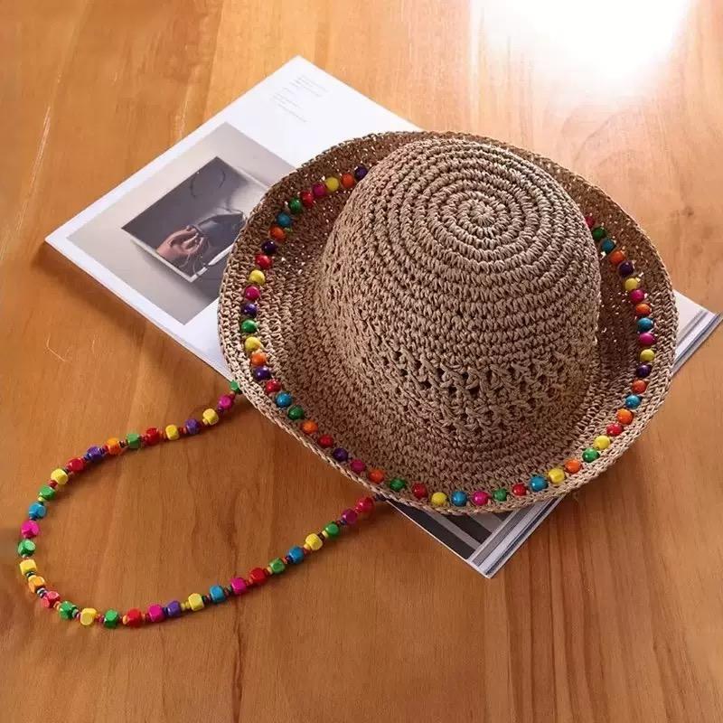 

Women s wide-brimmed sunscreen straw hat, Bohemian style, beaded decoration, fisherman hat, beach hat, foldable One Size хаки