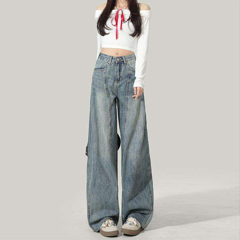 2026 Autumn High-Waisted American Style Women's Wide-Leg Jeans - Loose Banana Drape Casual Floor-Length Pants