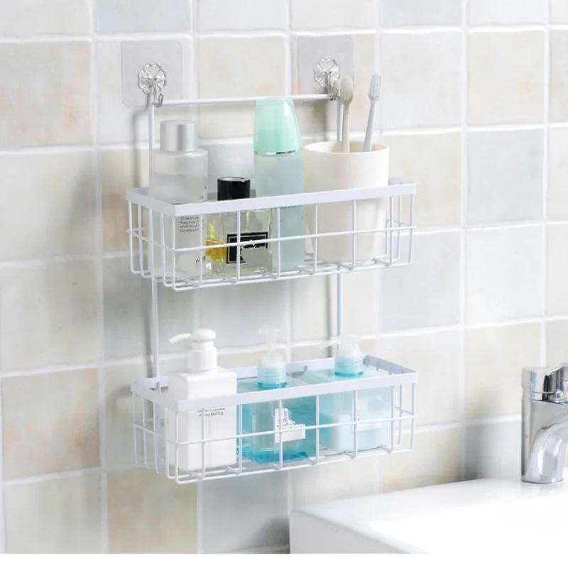 Wall Mounted Iron Storage Basket Kitchen Double-layer Rack Bathroom Toiletries Organizer Shelf