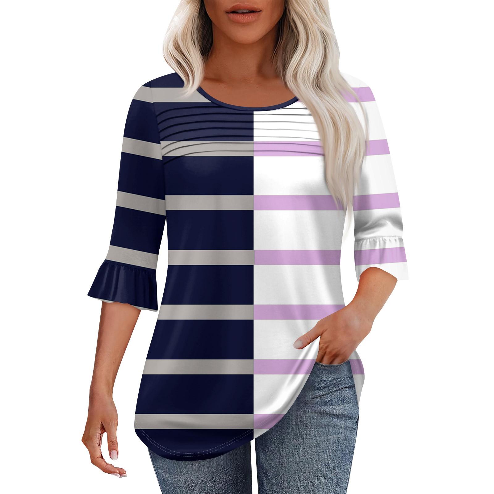 

Женская мода круглый вырез шея плиссированный спереди напечатанные точки расклешенный топ рукав 3/4 L