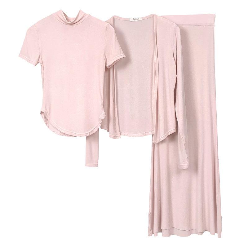 Korean Dongdaemun Three-Piece Set: High Neck T-shirt, Cardigan, and Fishtail Skirt for Women