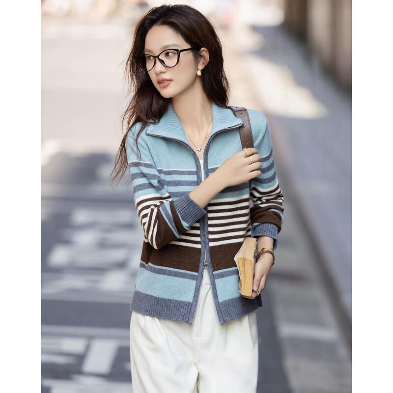 Demana Women's Relaxed Retro Striped Ribbed Knit Cardigan