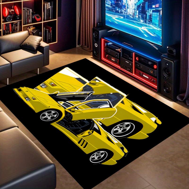 Yellow Classic Supercar Scissor‑Door Comic Print Area Rug Non‑Slip Rectangular Floor Mat Tuning Auto Decor for Gaming Bedroom Living Room