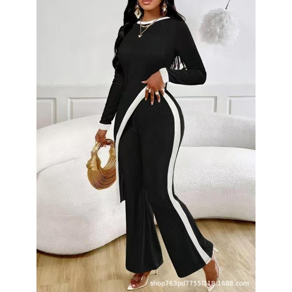 Spring and Summer New Women's Fashion Color-blocking Long-sleeved Side-slit T-shirt with Long Pants Set