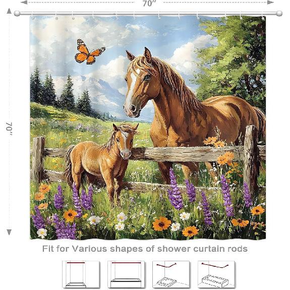 Western Horse Shower Curtain Rustic Farmhouse Animal Colt Wooden Fence Nature Grassland Wildflower Butterfly Country Farm Nature Landscape Fabric