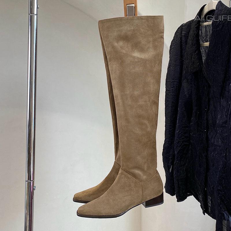 Fashion Fashion Flock Pleated Women Knee High Boots Low Heel Shoes Pointed Toe Modern Ladies Long Boots Female Pumps Shoes