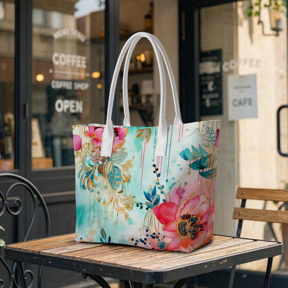 Watercolor Floral Print Casual Tote Bag Stylish Daily Shoulder Bag for Women