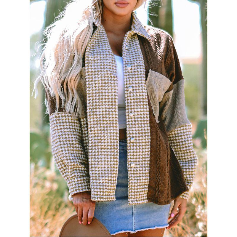 European and American Fashion Houndstooth Plaid Shirt Style Outerwear Women 2025 Winter New Color Matching Warm Long Sleeve Top Women