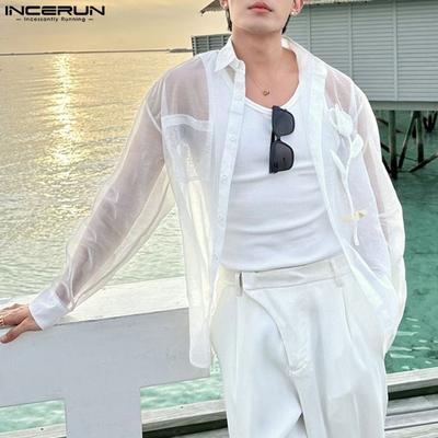 Men Long Sleeve Patchwork Mesh See Through Party Club Shirts Tops