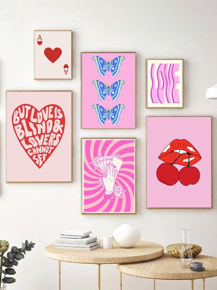 Vintage Cocktail Disco Cherry Aesthetics Poster and Printed Pink Wall Art Canvas Painting Room Nordic Home Decoration Mural