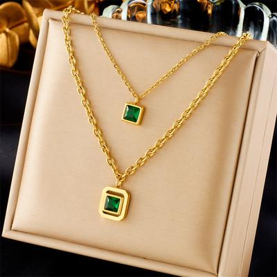 Gold Plated Stainless Steel Double Layer Square Emerald CZ Necklace for Women