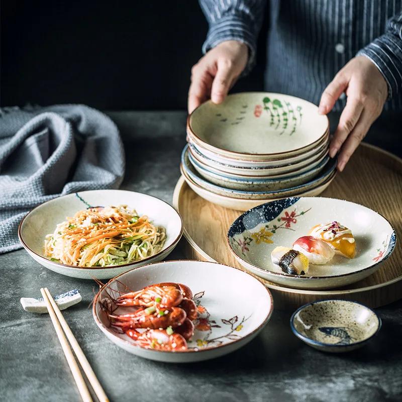 Japanese Style Underglaze Dish Sushi Dishes Cold Dish Dish Ceramic Plate Household round Fruit Flat Plate