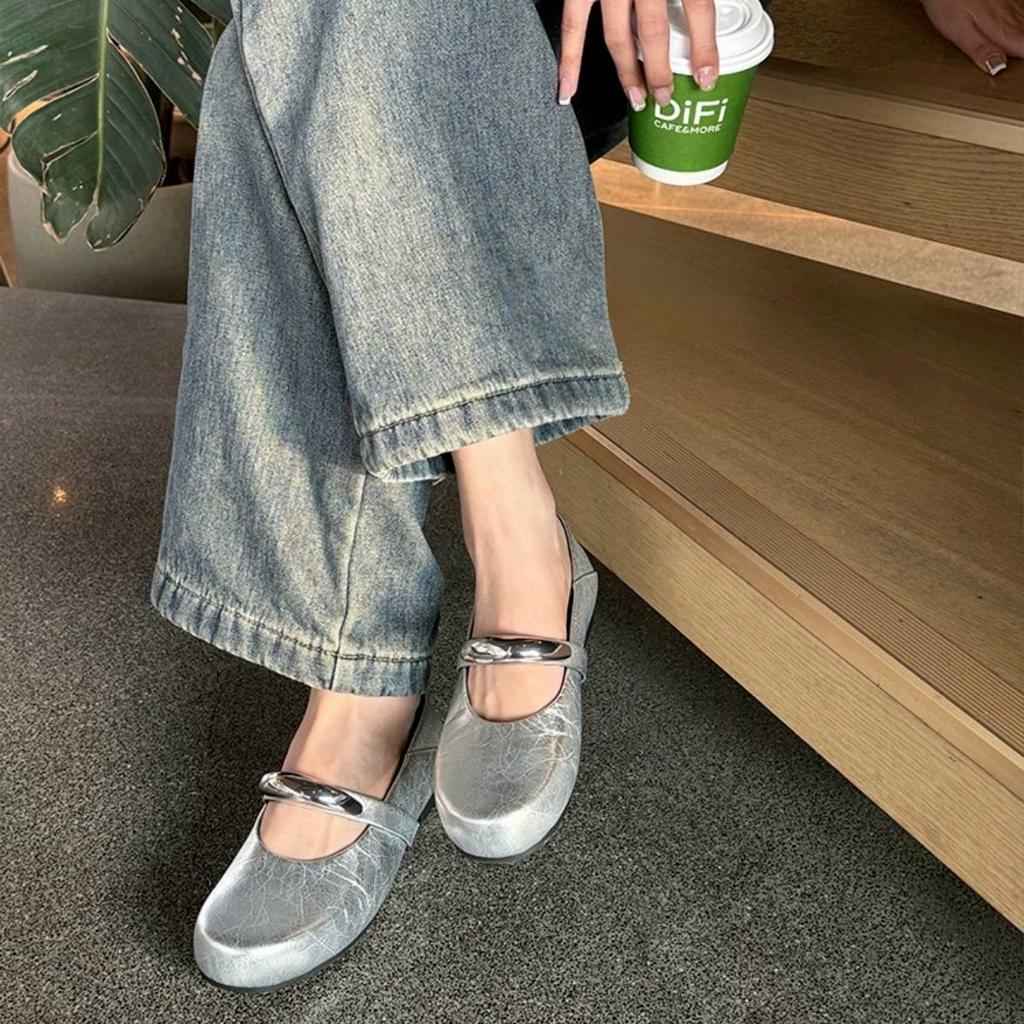 Real Soft Leather Hand-scratched Red Mary Jane Single Shoes Women's 2025 Spring New Versatile Shallow Mouth Flat-soled Single Shoes