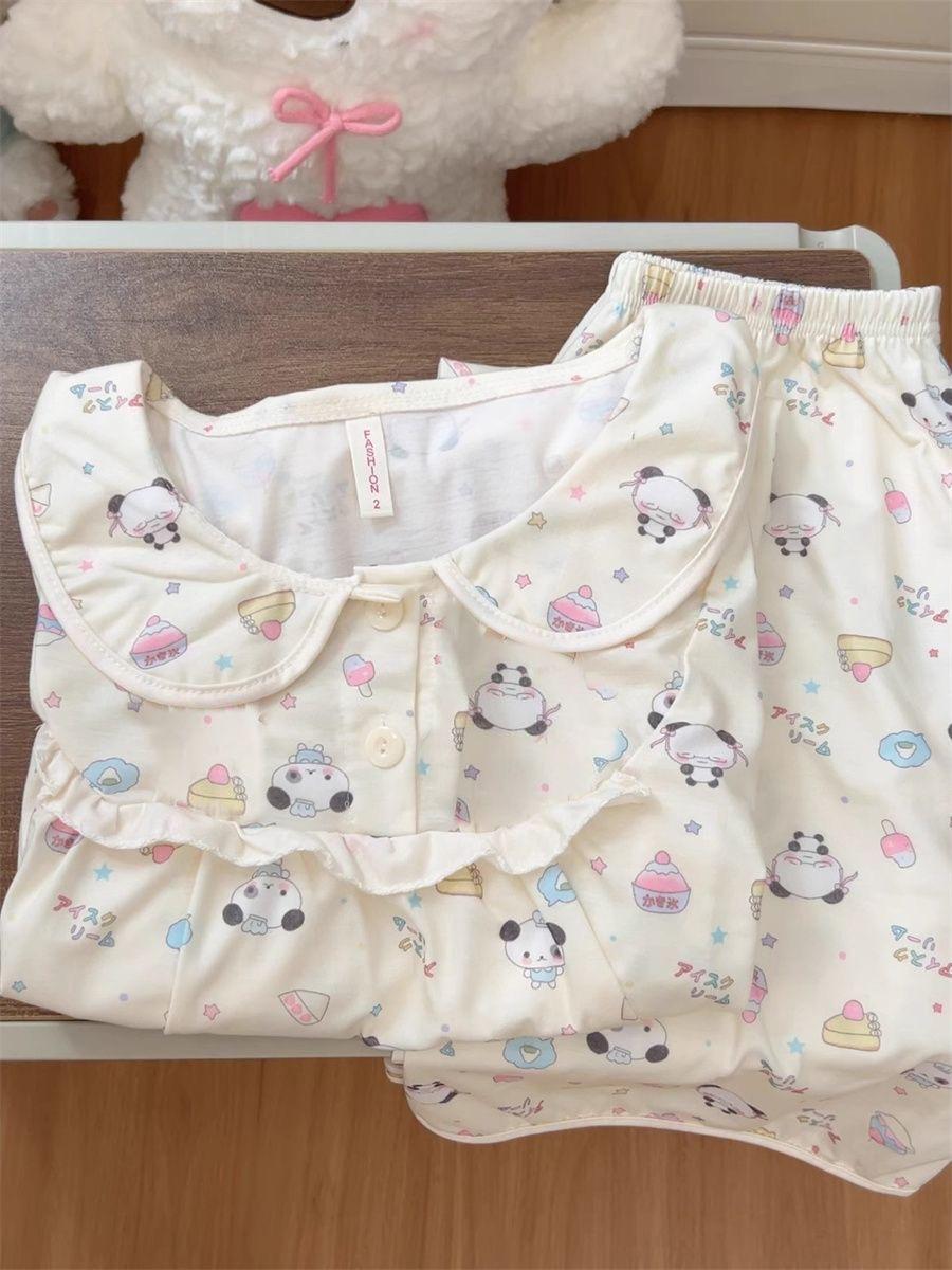 

New shaved ice bear pajamas women s summer doll collar short-sleeved shorts two-piece set can be worn outside loungewear S