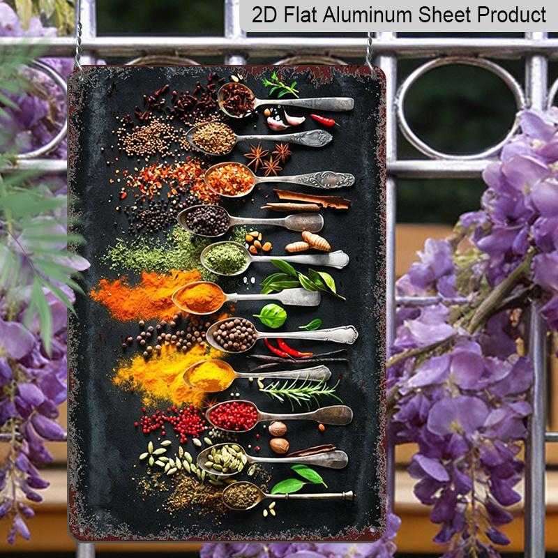 2D Flat Vintage Spice Art Metal Wall Decor - Perfect for Rustic Kitchens, Bars, Cafes, and Home Decoration, Featuring Labeled Spice Jars and Cooking