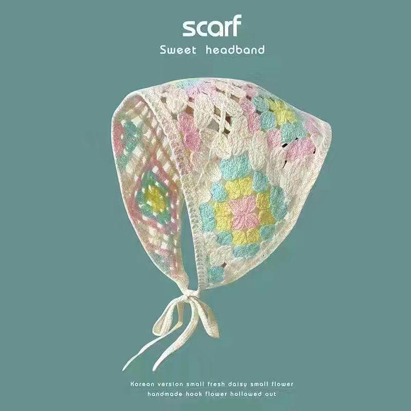 Korean Style Knitted Crochet Triangle Scarf: Women's Sweet Flower Headscarf Hat