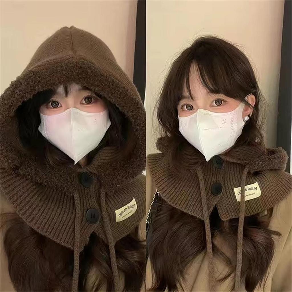 Women Wool Knitted Balaclava Hat Retro Solid Color Ear Warmer Hooded Cap Korean Girl Windproof One-piece Neck Collars Bonnet