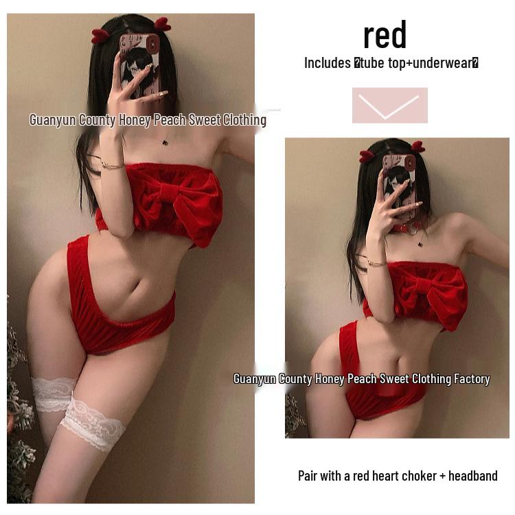 Christmas Red Lingerie Set - Sexy Bow Bandeau & Panties 