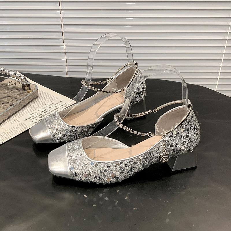 

Fashion Summer Elegant minimalist Square head Sequin Women Shoes Fashionable versatile Female Casual comfortable Thick Heel Shoes 40 серебряный