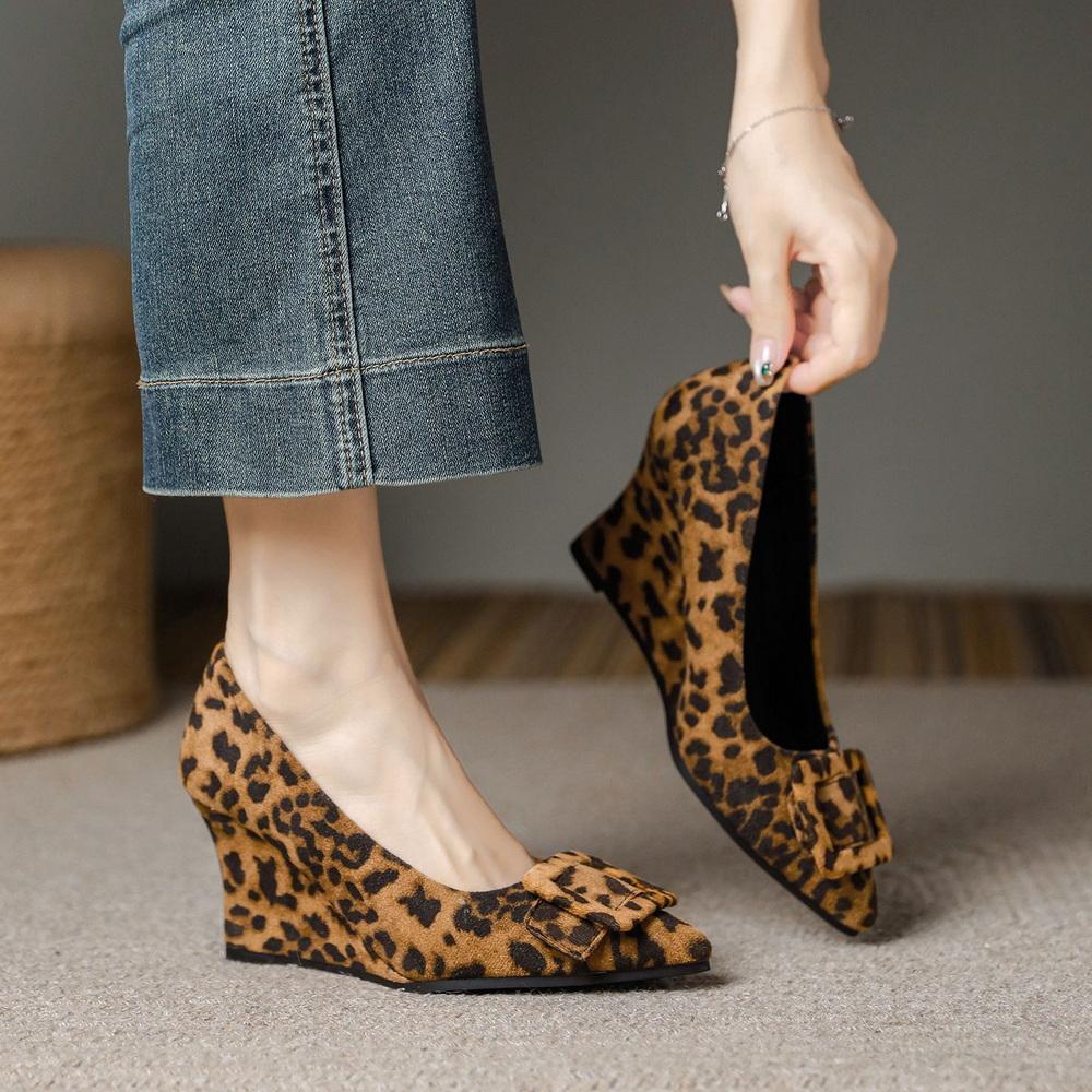 Fashion FHC New Suede Leather Wedges High Heels,Office Lady Working Shoes,Woman Pumps,Slip On,Pointed Toe,Black,Leopard,34-42,Dropship