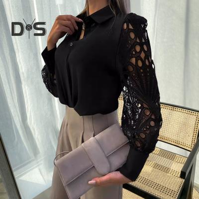 Koszula damska Hollow Lace Splicing Design Długi rękaw Koszula z kołnierzykiem z klapami Jednorzędowa Luźna Koszula w jednolitym kolorze