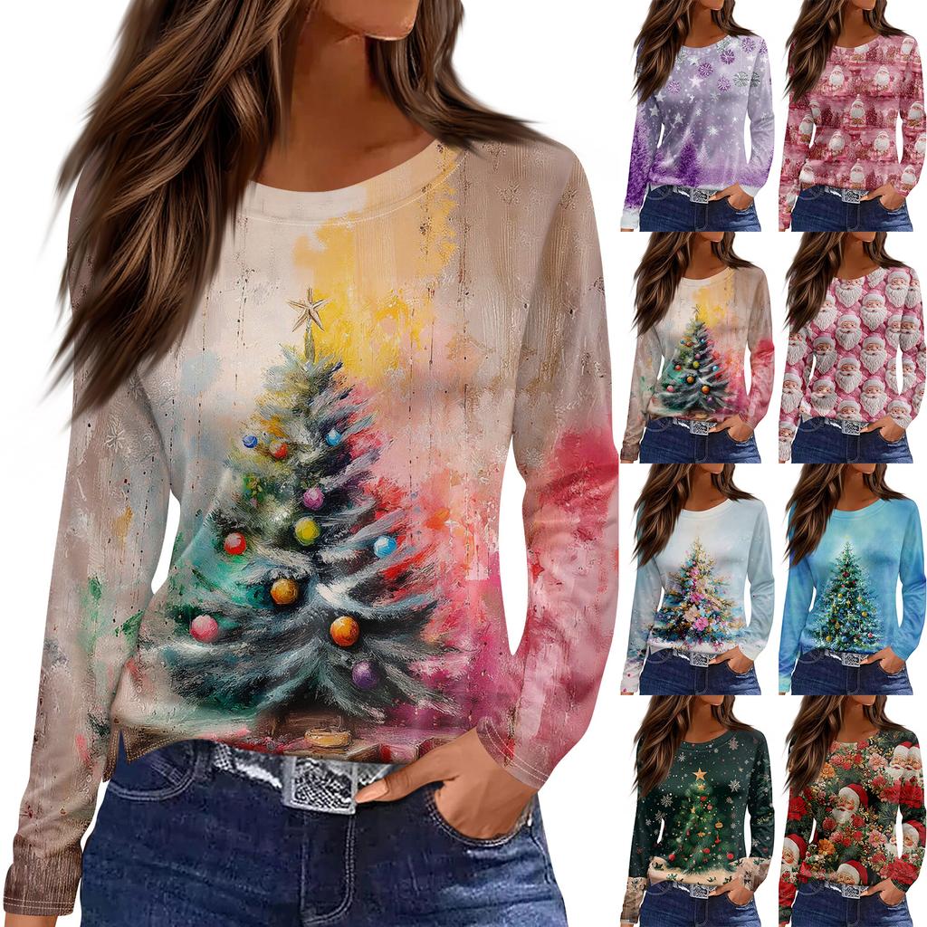 Women's Fashion Hem Slit Casual Christmas Printed Round Neck Long Sleeve Top