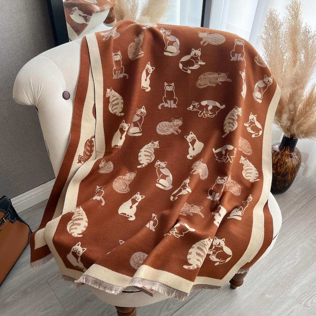 Latest Animal Jacquard Kitty Scarf Imitation Cashmere Soft Warm Fringe Shawl Autumn Winter Coldproof Windproof Blanket Scarf