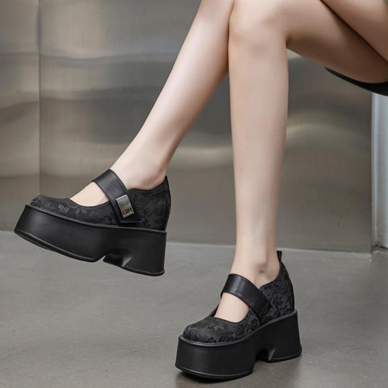 11cm Genuine Leather Minority Breathable Chunky Heels Mary Jane Hook&Loop Platform Autumn Pumps Summer Ankle Boots Spring Shoes