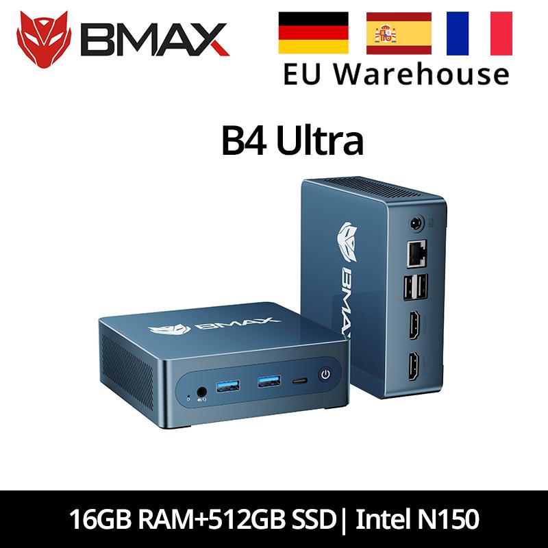 BMAX B4 Ultra Mini PC Windows 11 PC Intel N150 16GB 512GB SSD 2*HDMI 1*Type-C Supports 4K@60Hz 1000MHz Intel Graphics Bluetooth