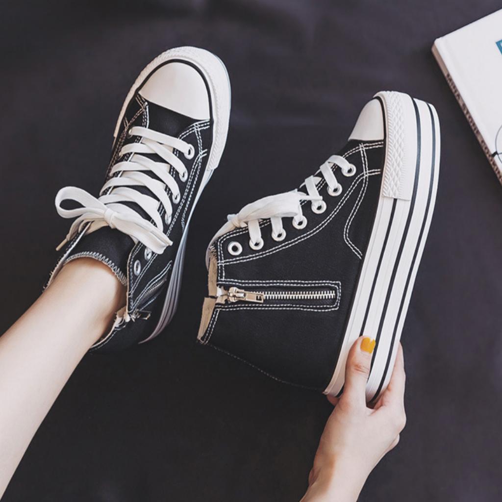 Internal Increase 10CM Canvas Shoes For Women  Autumn New  Zipper Casual Skateboard Shoes Korean All-match Platform Sneaker