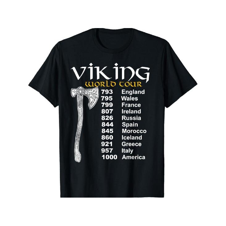Viking World Tour T-Shirt - Viking Ship Map Design with Norse Countries & Viking Age Dates - Unisex Casual Round Neck Short Sleeve Tee for Men & S чёрный