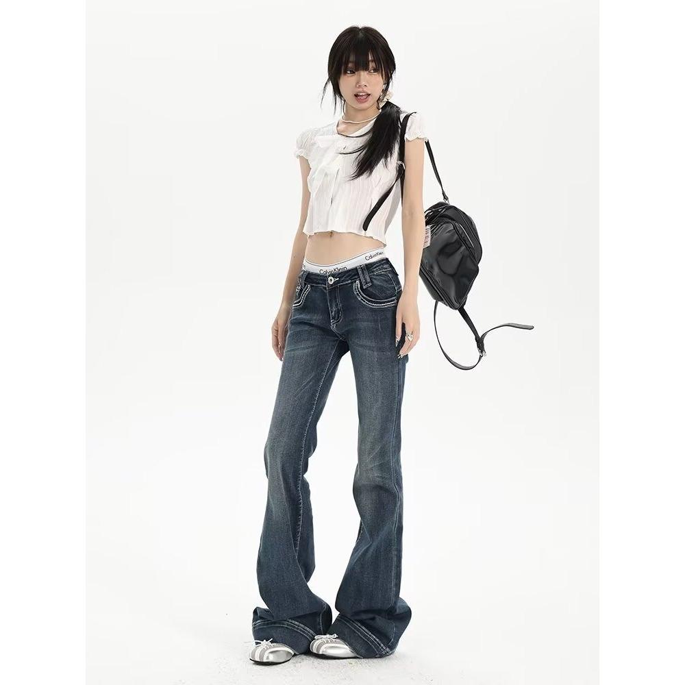 Dámské retro modré džíny s vysokým pasem a mikro rozšířenými nohavicemi - Podzimní strečový zeštíhlující styl