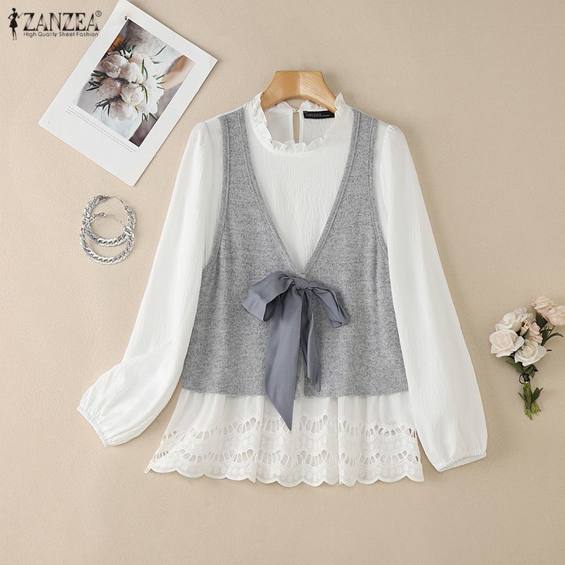 ZANZEA Lässige Patchwork-Bluse mit Rundhalsausschnitt und langen Ärmeln für Damen