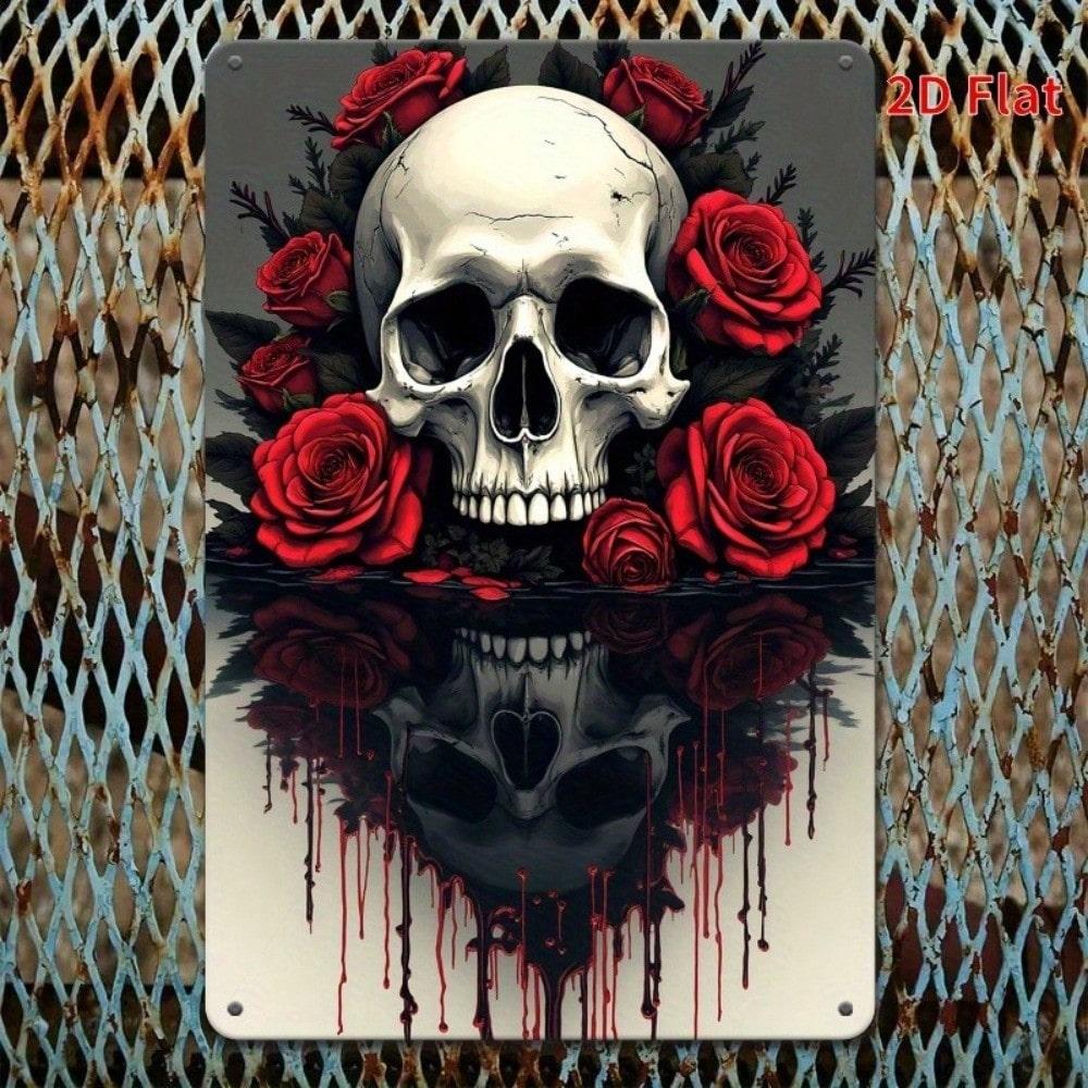Metal Gothic Skull Red Rose Tin Sign Wall Art Retro Home Bar Vintage Plaque Man Cave Garage Kitchen Decor