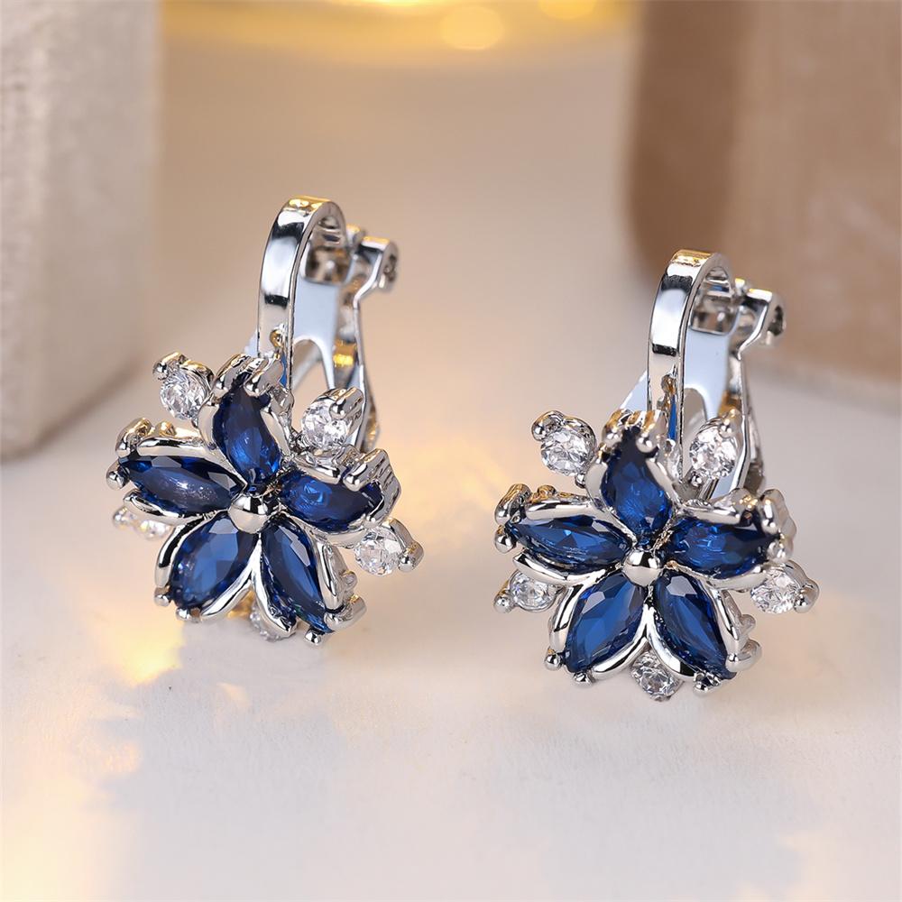 Rainbow Zircon Cute Flower Earring Multicolor Crystal Sakura Clip Earrings For Women Vintage Silver Color Bridal Wedding Jewelry