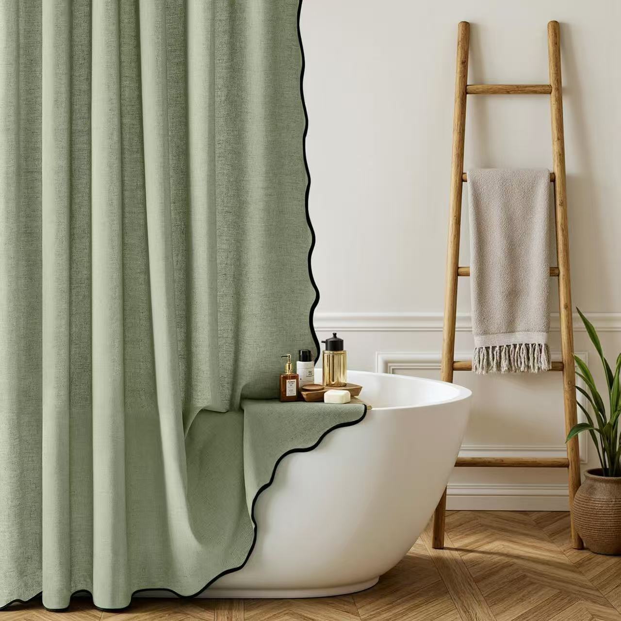 Faux Linen Wave Edge Shower Curtain Waterproof Bathroom Partition Privacy Curtain Shower Drape Bathtub Decor 180*200cm зелёный