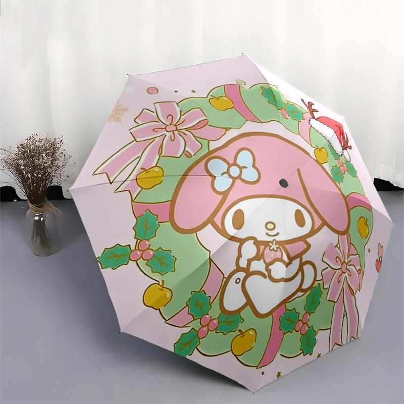1pc My Melody Christmas Wreath Design Automatic Opening/Closing Umbrella with Festive Bowknot Decoration - Portable Three-Fold Design, 8-Bone Iron Fra